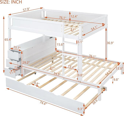 Harper & Bright Designs Full Over Full Bunk Bed Twin Size Trundle, Wood Full Bunk Bed with USB Ports, Storage and Desk, White