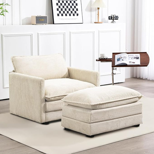 ROWHY Single Armchair with Ottoman, Modern Corduroy Cloud Couch with Convertible Chaise, Upholstered Sofa Set for Living Room, Beige