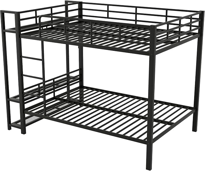 Bellemave Full Over Full Bunk Bed,Metal Bunk Bed with Shelf and Guardrails,Full Bunk beds with Storage Mesh Shelves and Clothes Hooks for Kids, Teens & Adults（Black）