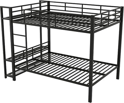 Bellemave Full Over Full Bunk Bed,Metal Bunk Bed with Shelf and Guardrails,Full Bunk beds with Storage Mesh Shelves and Clothes Hooks for Kids, Teens & Adults（Black）
