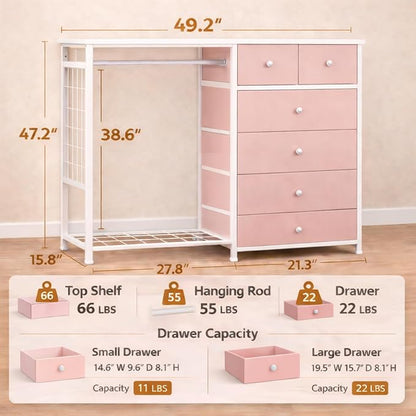 Simple Deluxe Storage Clothes Rack with 6 Drawers, Charging Station & LED Lights, Fabric Chest Shelves Clothing Rack, Wooden Portable Wardrobe Closet, 49.2" W x 15.7" D x 47.2" H, PINK