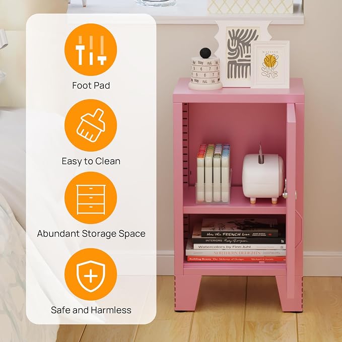 ALBAD Metal Nightstand with Lockable Cabinet, Compact Mini Locker Bedside Table for Kids & Adults, Modern Steel Side Table for Bedroom, Dorm, or Living Room (Pink)
