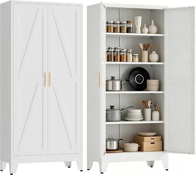 71”H Metal Kitchen Pantry Cabinet, Pantry Cabinets with 2 Doors and 4 Shelves, Kitchen Cabinet for Kitchen, Dining Room, Living Room and Bathroom, White