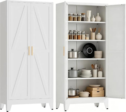 71”H Metal Kitchen Pantry Cabinet, Pantry Cabinets with 2 Doors and 4 Shelves, Kitchen Cabinet for Kitchen, Dining Room, Living Room and Bathroom, White