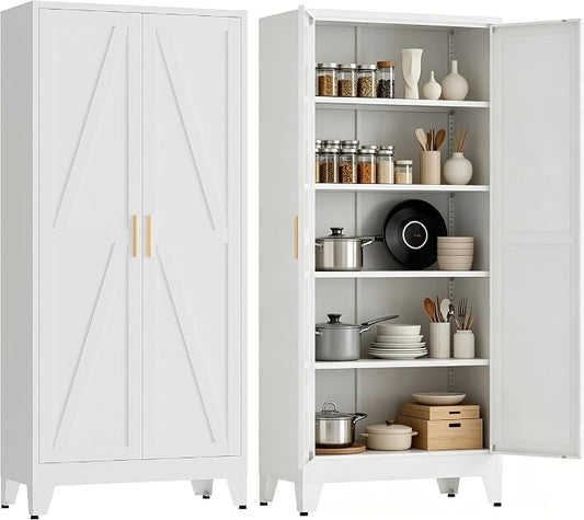 71”H Metal Kitchen Pantry Cabinet, Pantry Cabinets with 2 Doors and 4 Shelves, Kitchen Cabinet for Kitchen, Dining Room, Living Room and Bathroom, White