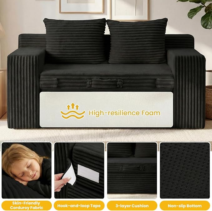 Boneless Couch,Boneless Loveseat Sleeper Sofa Bed – 3-in-1 Convertible Couch Bed with Side Pockets & Handle,Pull Out Corduroy Futon for Small Space,Living Room & Bedroom,2 Pillows Included,No Assembly