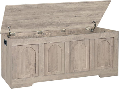 DINZI LVJ Storage Chest, 47.2" Rattan-Like Toy Box with 2 Safety Hinges, Wooden Entryway Storage Bench with Flip-Top, Large Trunk for Living Room, Bedroom, Easy Assembly, Greige