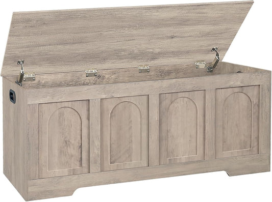 DINZI LVJ Storage Chest, 47.2" Rattan-Like Toy Box with 2 Safety Hinges, Wooden Entryway Storage Bench with Flip-Top, Large Trunk for Living Room, Bedroom, Easy Assembly, Greige