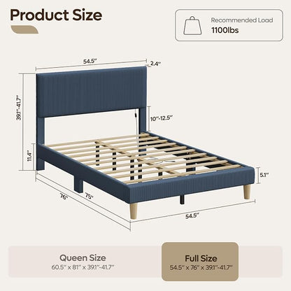 Bestier Full Bed Frame with Adjustable Headboard,LED Light,Blue | Vertical Channel Corduroy Upholstered,Easy Assembly,LED Lighting Headboard,No Squeaks,Wood Slats Support,No Box Spring Needed
