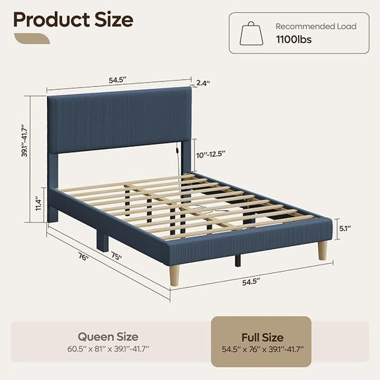 Bestier Full Bed Frame with Adjustable Headboard,LED Light,Blue | Vertical Channel Corduroy Upholstered,Easy Assembly,LED Lighting Headboard,No Squeaks,Wood Slats Support,No Box Spring Needed