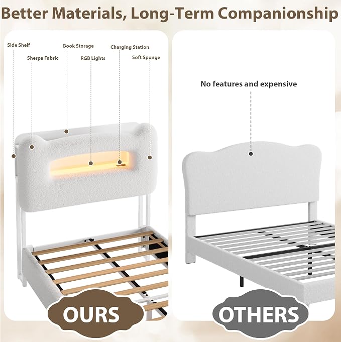 GarveeHome LED Full Bed Frame with 2-Tier Storage Headboard, Upholstered Platform Bed with Charging Station and Drawer, Metal Support, No Box Spring Needed, Beige