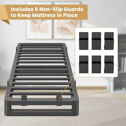 6 Inch Twin XL Bed Frame with Rounded Corner and Squeak Free U-Slot Design, Metal Platform Bed Frames 6 Non-Slip Guards, 3500lbs Heavy Duty Steel Slat Support, No Box Spring Needed, Black