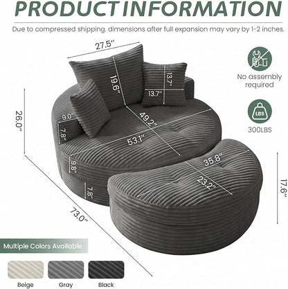 Oversized Round Chaise Lounge Chair, Deep Seat Cloud Boneless Floor Sofa Couch, Upholstered Corduroy Sleeper with 3 Pillows & Optional Ottoman, No Assembly Modern Lazy Floor Lounger for Living Room
