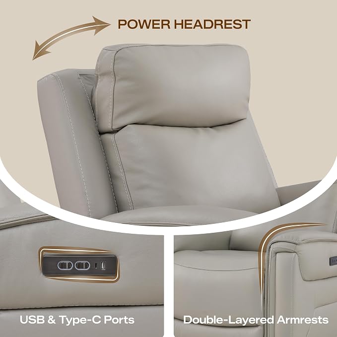 Watson & Whitely Super Zero Gravity Power Recliner Chair with Power Headrest, Genuine Leather Recliner with USB & Type-C Ports, Electric Reclining Sofa Chair for Living Room, Bedroom, Light Grey