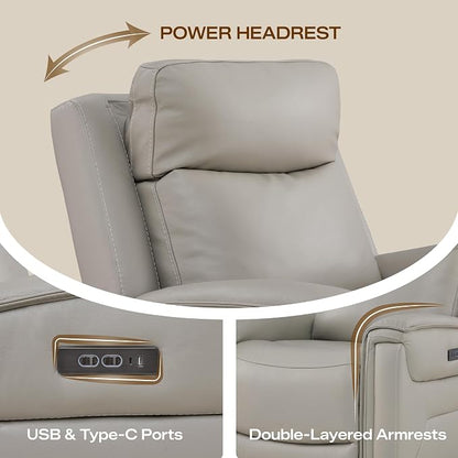 Watson & Whitely Super Zero Gravity Power Recliner Chair with Power Headrest, Genuine Leather Recliner with USB & Type-C Ports, Electric Reclining Sofa Chair for Living Room, Bedroom, Light Grey
