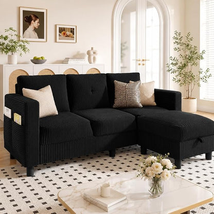 L Shaped Sectional Sofa with Reversible Storage Ottoman, Corduroy 3-Seat Convertible Couch for Small Apartment, Living Room & Studio Loft, Compact Modern Sofa with Side Pockets & Easy Assembly, Black