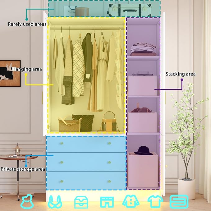 3 Doors Mirrored Wardrobe Armoire Closet with Drawers, LED Armoire Storage Cabinet with Adjustable Shelves & Hanging Rod, 74.8" H Freestanding Clothing Storage Cabinet for Bedroom, White