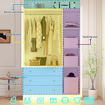 75" Tall 3 Doors Armoire Wardrobe Closet with 3 Drawers, Wooden Wardrobe Cabinet with LED Lights & Mirror, Freestanding Clothing Storage Cabinet with Hanging Rod, Adjustable Shelves (White, 3 Doors)