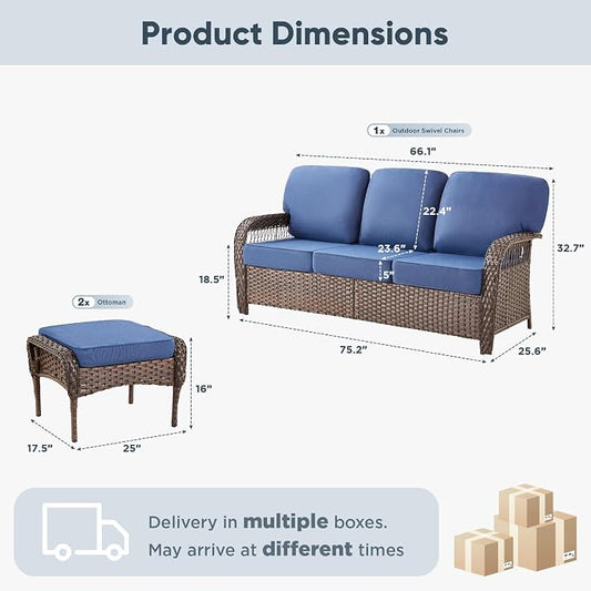 Belord Luxury Outdoor High Back Couch with Ottoman, All-Weather Wicker 3-Seater Sofa, 3 Piece Patio Conversation Furniture Set,Blue