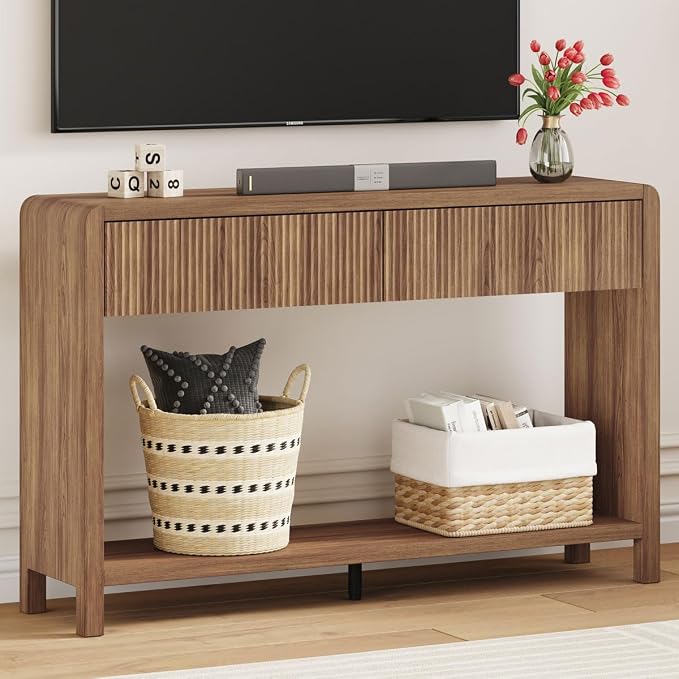 FATORRI Console Sofa Table for Entryway, 47.2 inch Wood Foyer Tables for Living Room, Farmhouse Couch Table behinde Sofa with 2 Drawers for Hallway Storage (Walnut)