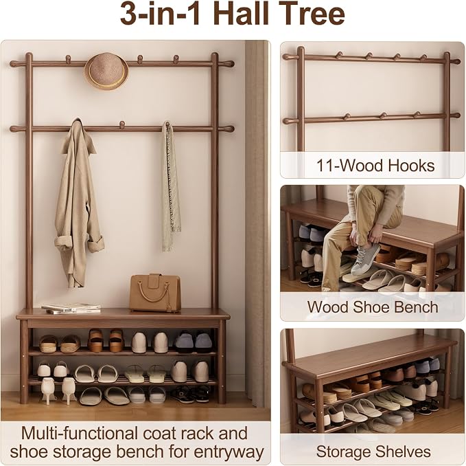 AQIMUELE Coat Rack with Shoe Storage, Wooden Hall Tree with Bench, 11 Hooks and 2-Tier Storage Shelves, 3-in-1, Entryway Bench with Coat Rack (39.3"-Walnut)