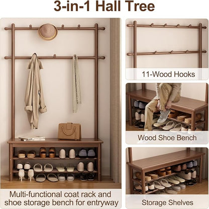 AQIMUELE Coat Rack with Shoe Storage, Wooden Hall Tree with Bench, 11 Hooks and 2-Tier Storage Shelves, 3-in-1, Entryway Bench with Coat Rack (39.3"-Walnut)
