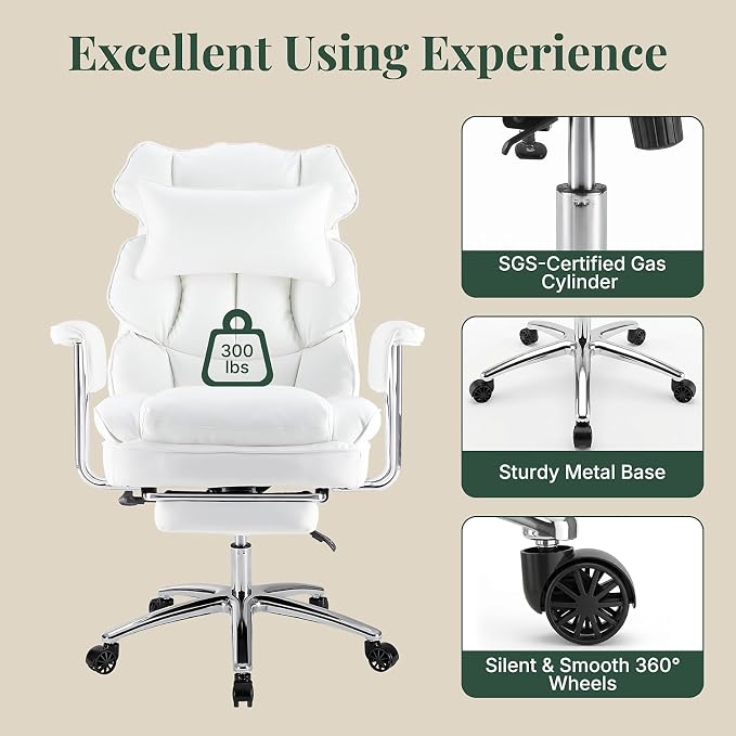 Executive Ergonomic Office Chair, PU Leather High Back Reclining Office Chair with Footrest and Lumbar Support, Height Adjustable Rolling Swivel Computer Chair for Home Office,White