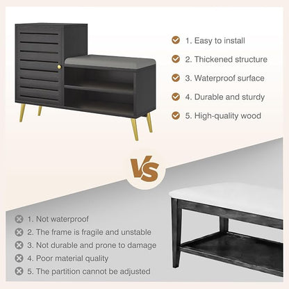 VECELO Shoe Storage Bench with Door&Shelf, Entryway Bench with Seat Cushion, for Hallway, Bedroom, Living Room, L-Shaped, Black