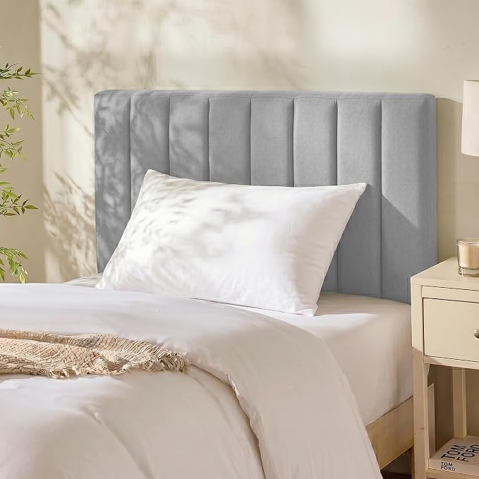 Hearth & Harbor Wall Mounted Twin Headboard Only, Bed Headboard Twin Size | Easy Assemble, Floating Peel and Stick, Upholstered, Channel Stitched, 3D Wall Panels, 5 Strips of 3M Tape Included, Silver