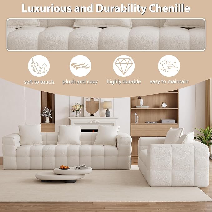 Chenille Cloud Sofa Couch Set with 5 Soft Pillows,Comfy Upholstered LoveSeat Sofa Set,Modern Deep Seat Sherpa Cloud Couch, Oversized Love Seat for Living Room,Beige White