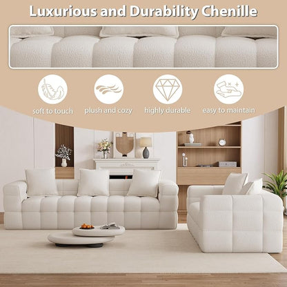 Chenille Cloud Sofa Couch Set with 5 Soft Pillows,Comfy Upholstered LoveSeat Sofa Set,Modern Deep Seat Sherpa Cloud Couch, Oversized Love Seat for Living Room,Beige White
