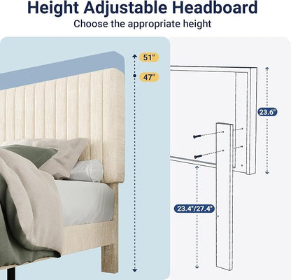 Allewie Twin Bed Frame, Upholstered Platform Bed with Adjustable Vertical Channel Tufted Headboard, Mattress Foundation with Strong Wooden Slats, Box Spring Optional, Easy Assembly, Chenille White
