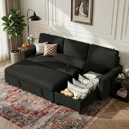 Vongrasig Convertible Sofa Bed with Storage for Small Space, Black Corduroy | Pull Out Couch with Storage , 77" L-Shaped Sleeper Sofa Bed with Storage Chaise Corduroy Fabric for Living Room, Apartment