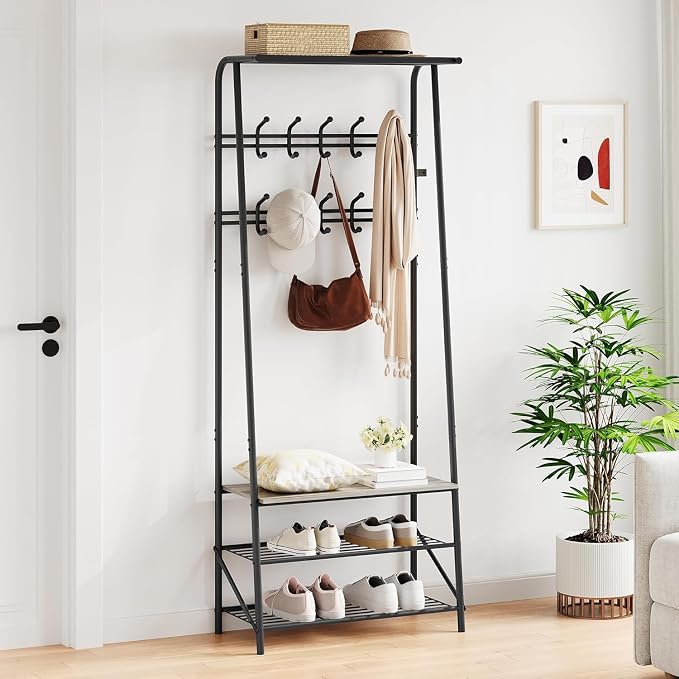 OUTLANE Entryway Hall Tree with 10 Hooks, Shoe Bench & Storage Shelf, Coat Rack Organizer with Wood Accents and Metal Frame for Entryway, Living Room, Bedroom, Gray-Double row