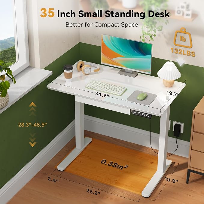 Gibbon Mounts Glass Standing Desk with Drawer, 35×20Inch Whole Piece Height Adjustable Rising Desk, Electric Sit Stand Desk with Wheels, Small Computer Desk, White