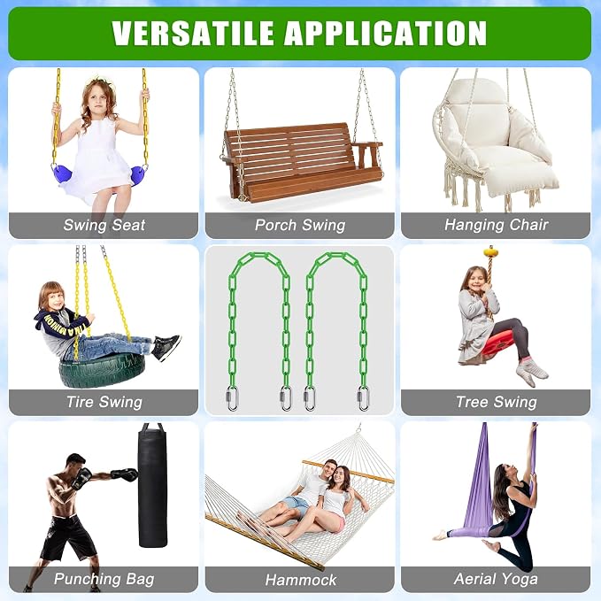 SELEWARE 2 Pack 80 Inch Hanging Swing Chain with 4 Carabiners, 1000LB Capacity Plastic Coated Hanging Chains, Hammock Hardware Kit for Swing, Hanging Chair, Punching Bags, Indoor Outdoor Gym (Green)