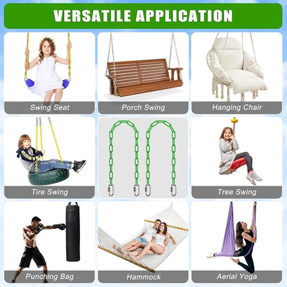 SELEWARE 2 Pack 100 Inch Hanging Swing Chain with 4 Carabiners, 1000LB Capacity Plastic Coated Hanging Chains, Hammock Hardware Kit for Swing, Hanging Chair, Punching Bags, Indoor Outdoor Gym (Green)
