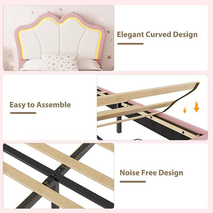 Garvee Twin Bed Frame with Storage, Upholstered LED Bed Frame with Headboard, Cute Velvet Platform Bed Frame for Kids, Girls, Solids Wood Slats Support, No Box Spring Needed, Easy Assembly, Pink+White