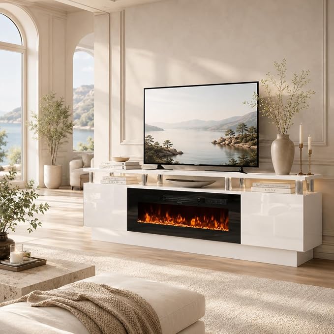 70" TV Stand & Entertainment Center, Media Console with Storage Shelves, Fits TVs up to 80", Modern Living Room Furniture, 36" Electric Fireplace (White+Black)