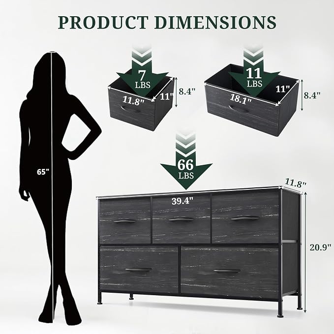 5-Drawer Dresser for Bedroom, Anti-Tip Wide Storage Organizer Fabric Chest of Drawers TV Stand for 45" TV with Wooden Top and Metal Frame for Closet, Living Room, Hallway, Entryway, Charcoal Black