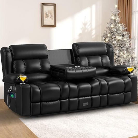 Loveseat Recliner Sofa, 3 Seater Minimalist Style Reclining Loveseat with Flip Back Console, USB Charge Ports, Cup Holders, Recliner Love Seat Couches for Living Room, RV, Black