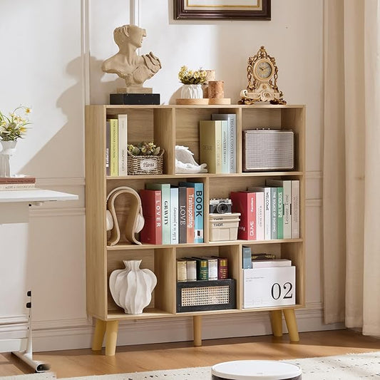 LEYAOYAO 8 Cube Bookshelf,3 Tier Bookcase with Legs,Light Wood Mid-Century Modern Bookshelves,Large Open Storage Organizer Shelf, Wooden Book Case