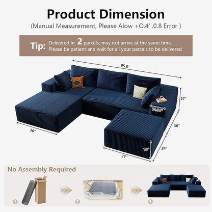 95" Cloud Sectional Couch U-Shaped Chaise with Ottoman, Corduroy Boneless Couch for Living Room Bedroom, Deep-Seat Upholstered Modular Cloud Sofa, No Assembly Required (Blue, Left Facing Chaise)