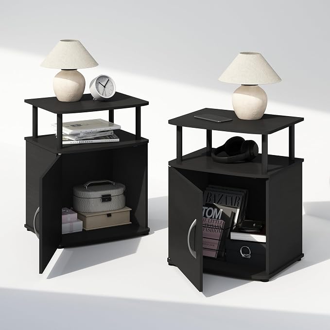 Furinno TIDUR Night Stand Set of 2, Nightstand with Open Shelf and Door Cabinet, Round Corner Bedside Table, End Table, Side Table, for Bedroom, Closet, Dorm, Black