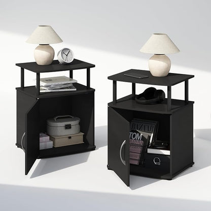 Furinno TIDUR Night Stand Set of 2, Nightstand with Open Shelf and Door Cabinet, Round Corner Bedside Table, End Table, Side Table, for Bedroom, Closet, Dorm, Black