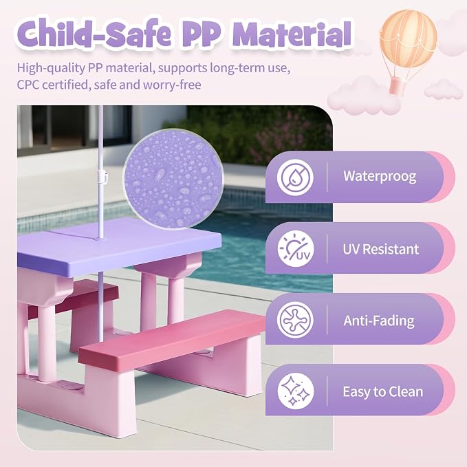 JOYMOR Kids Picnic Table with Removable Umbrella, Plastic Kids Activity Table for Outdoors, Toddler Table and Bench Set for Ages 3+, Ideal for Garden, Patio, Pink & Purple