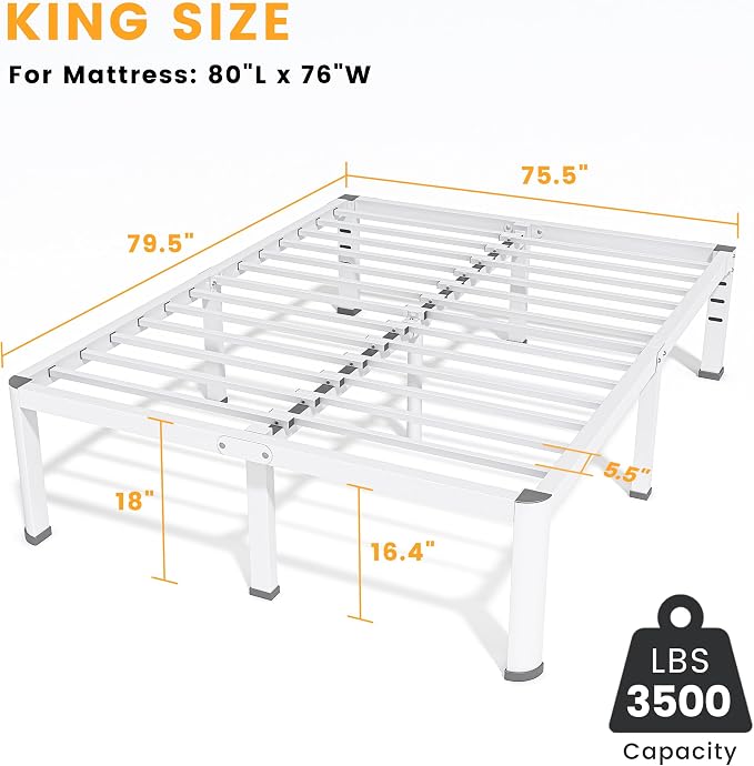Superay 18 Inch King Size Metal Bed Frame with Round Corners, Storage Space Under High Bed Frame-Heavy Duty Steel Slats Support, Noise Free - Easy Assembly - No Box Spring Needed,White