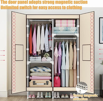 Portable Wardrobe Closet Clothes Organizer 49in Simple Non-Woven Fabric Wardrobe Multi-Functional Household Clothes Storage Cabinet with Cover and Hanging Rod-Gray White