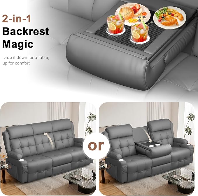 Recliner Sofa, 78.2" PU Leather Reclining Couch Loveseat with Flip Middle Backrest & Drawers - 3 Seat Home Theater Seating, Massage - Lumbar Support for Family Living Room & RV
