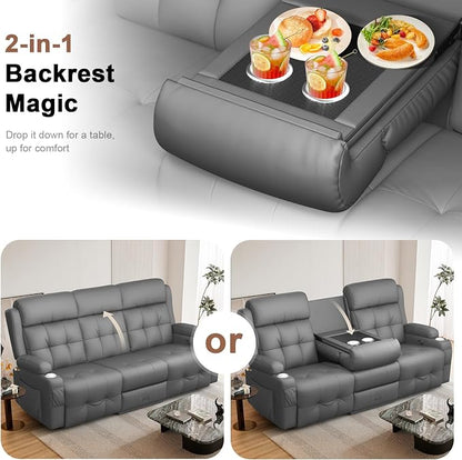 Recliner Sofa, 78.2" PU Leather Reclining Couch Loveseat with Flip Middle Backrest & Drawers - 3 Seat Home Theater Seating, Massage - Lumbar Support for Family Living Room & RV